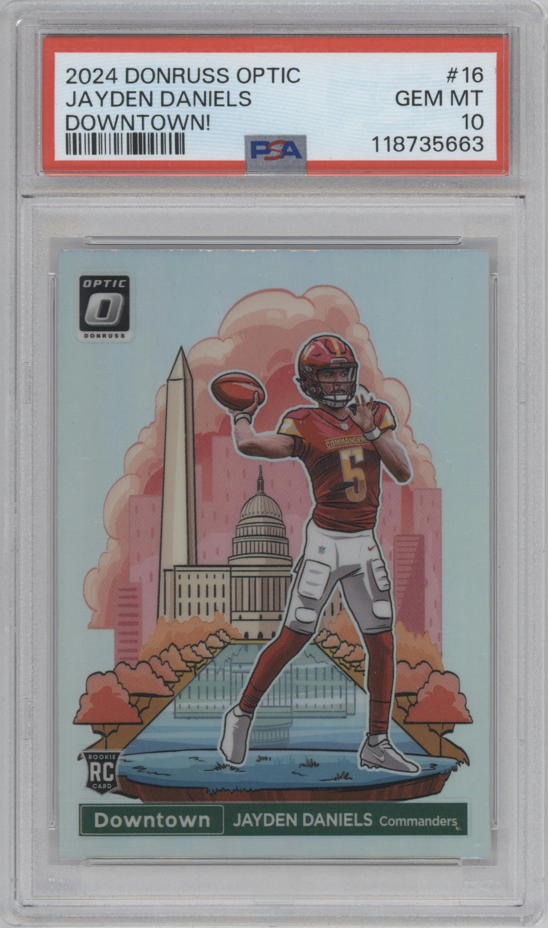 Jayden Daniels from the 2024 Donruss Optic set graded by PSA and given an overall grade of 10.