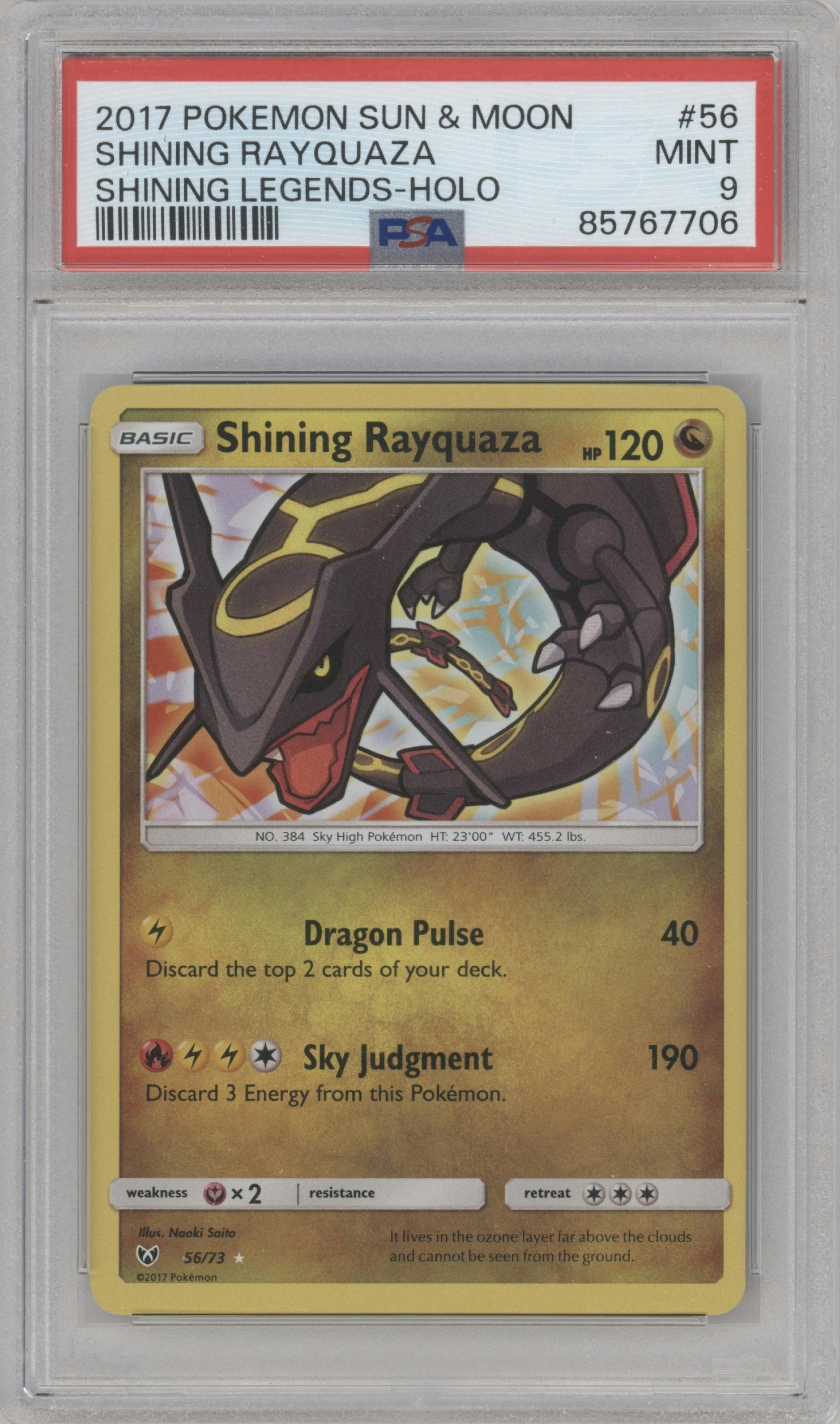 Shining Rayquaza from the 2017 Pokemon S&M set graded by PSA and given an overall grade of 9.