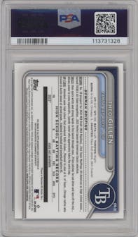 Theo Gillen from the 2024 Bowman Draft set featuring a Aqua Lava Refractor   parallel graded by PSA and given an overall grade of 8.
