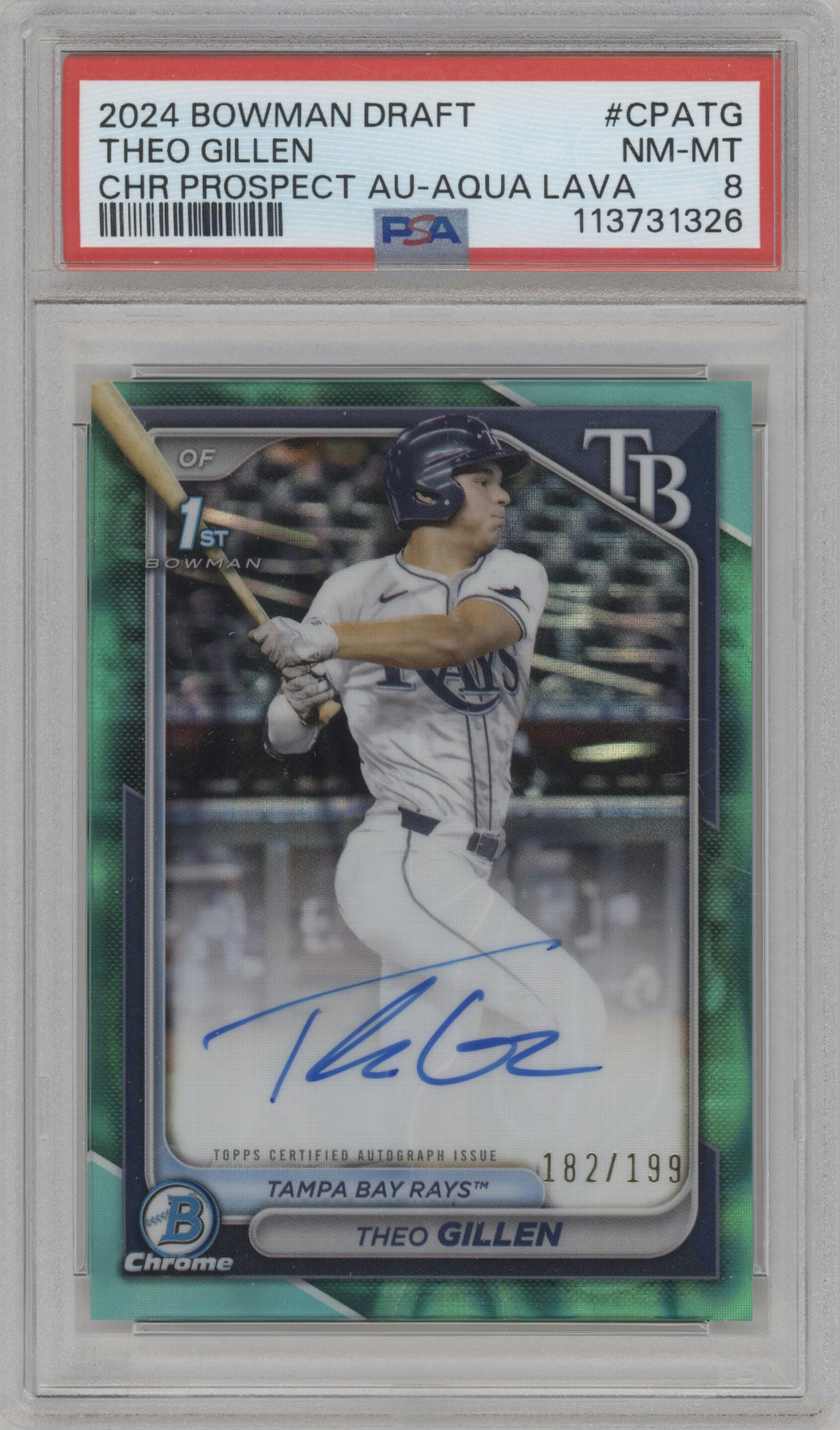Theo Gillen from the 2024 Bowman Draft set featuring a Aqua Lava Refractor   parallel graded by PSA and given an overall grade of 8.