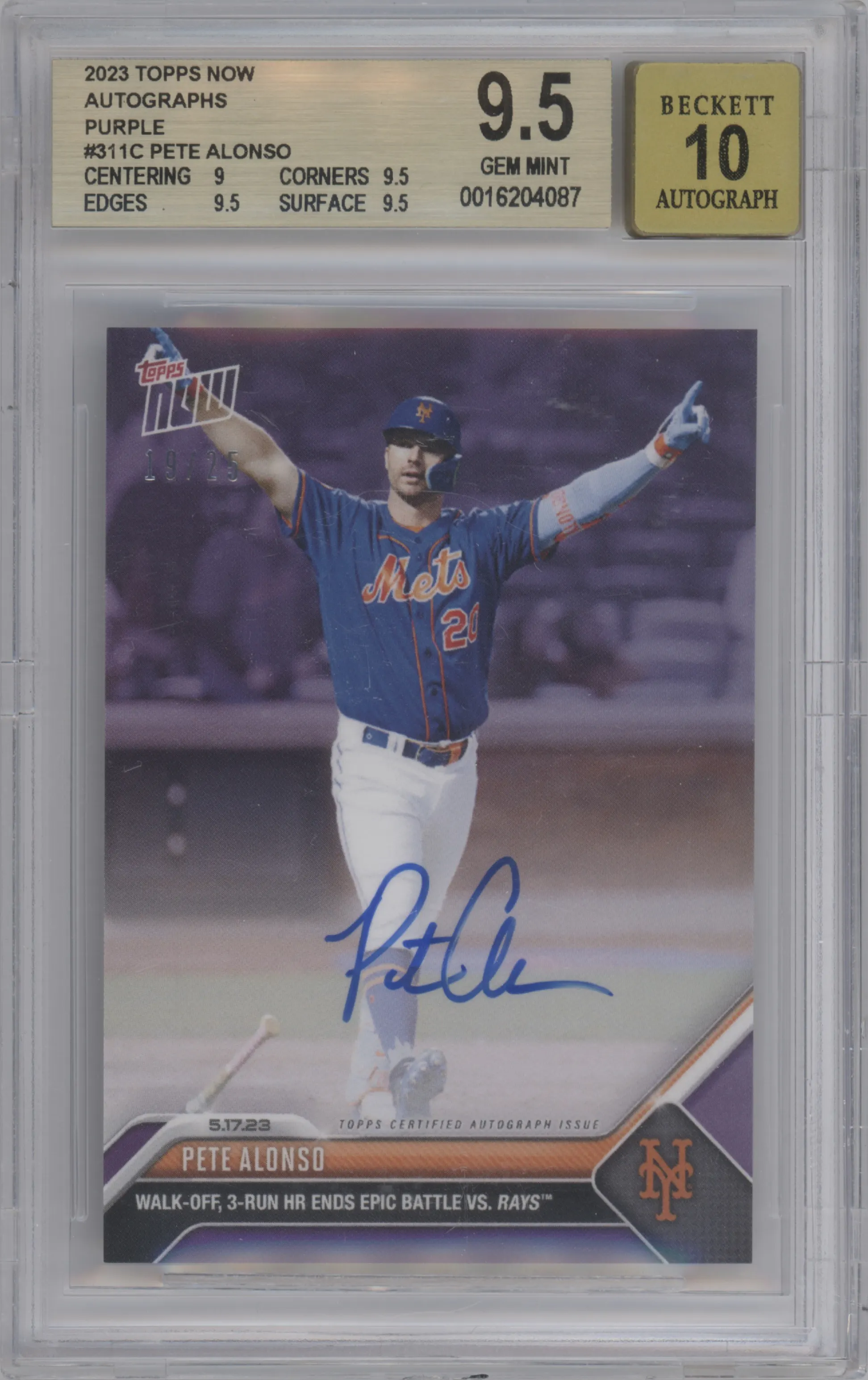 2023 Topps Now Auto Pete Alonso Purple BGS 9.5