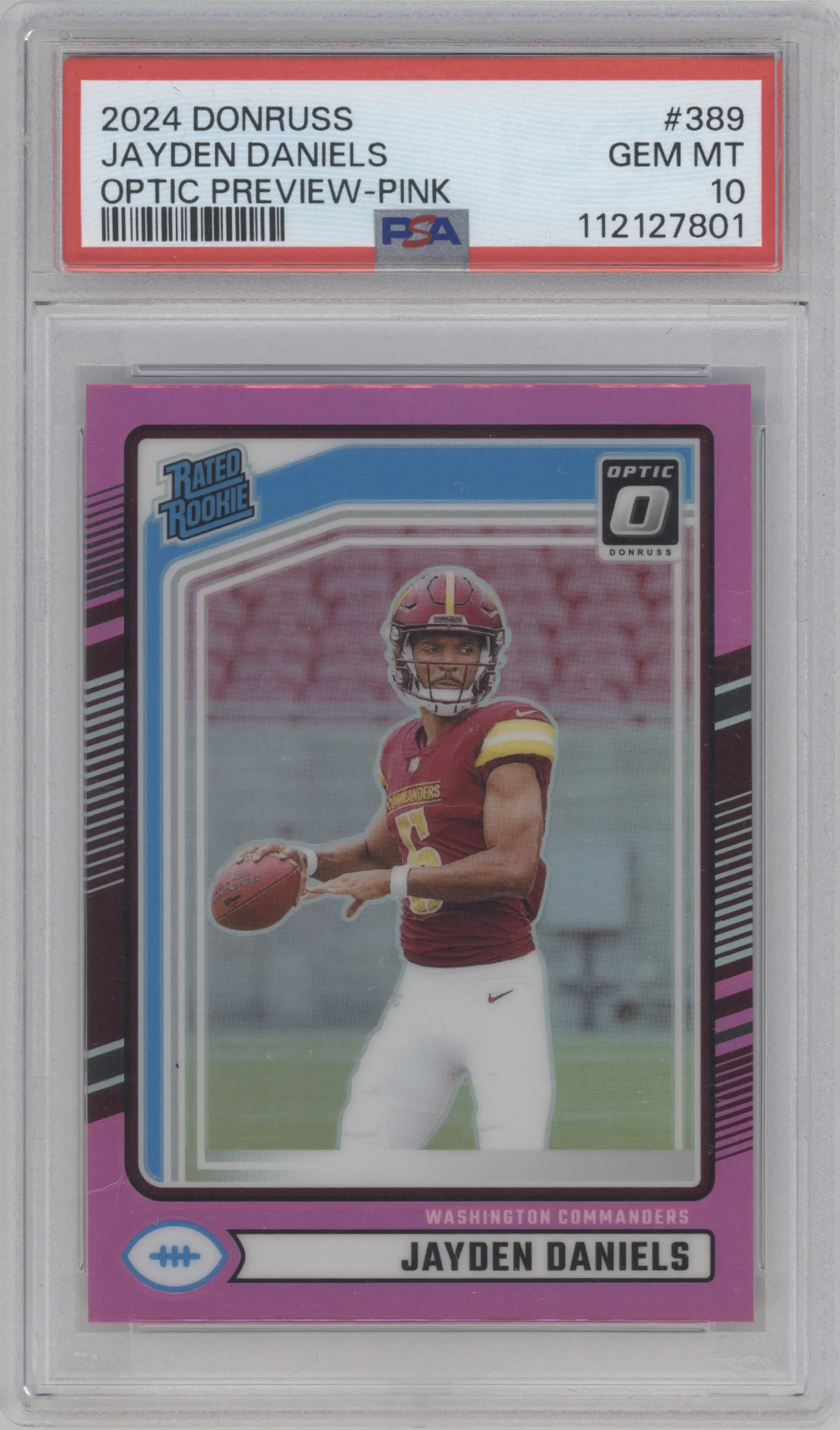 Jayden Daniels from the 2024 Donruss set featuring a Pink parallel graded by PSA and given an overall grade of 10.