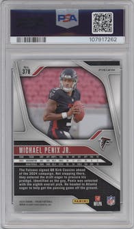 Michael Penix Jr. from the 2024 Panini Prizm set featuring a Red/White/Blue Prizm parallel graded by PSA and given an overall grade of 10.