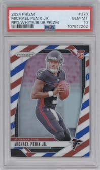 Michael Penix Jr. from the 2024 Panini Prizm set featuring a Red/White/Blue Prizm parallel graded by PSA and given an overall grade of 10.