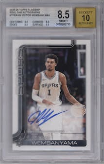 Victor Wembanyama from the 2025-26 Topps set graded by Beckett and given an overall grade of 8.5.