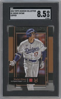 Shohei Ohtani from the 2024 Topps Museum Collection set featuring a Copper parallel graded by SGC and given an overall grade of 8.5.
