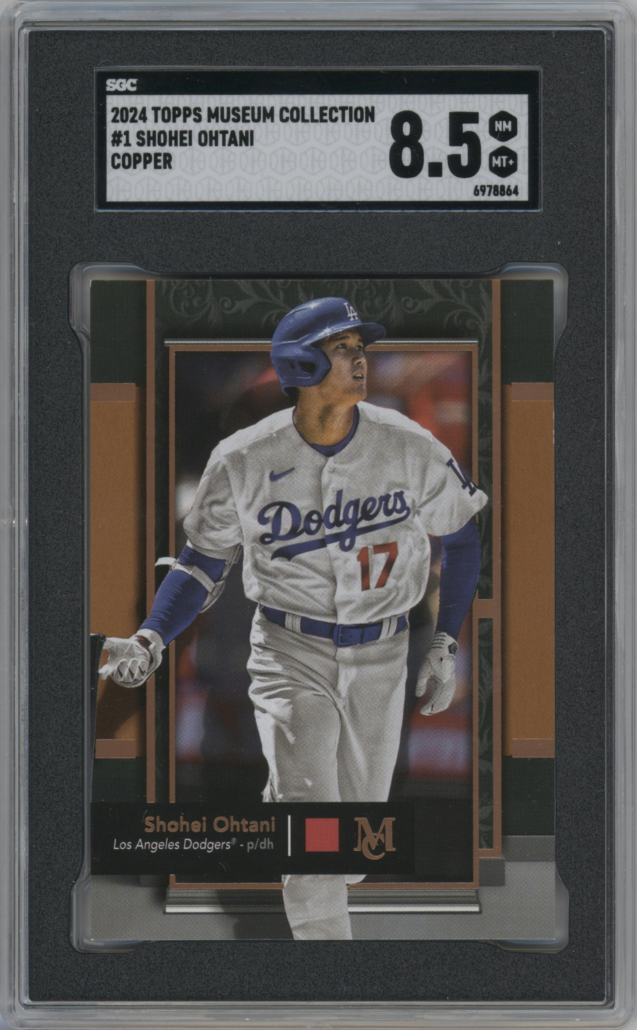 Shohei Ohtani from the 2024 Topps Museum Collection set featuring a Copper parallel graded by SGC and given an overall grade of 8.5.