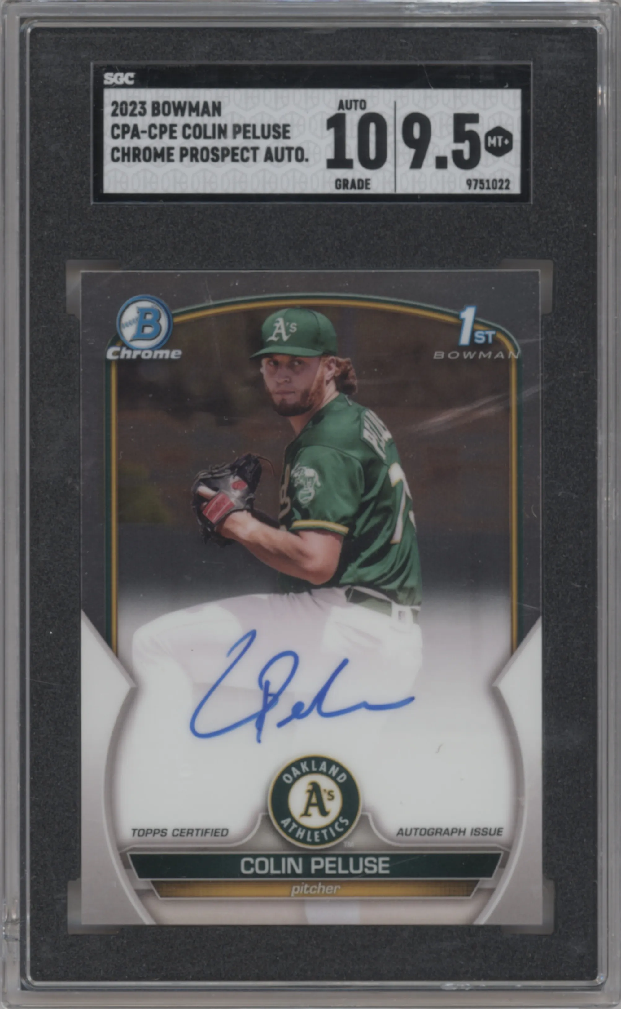 Colin Peluse from the 2023 Bowman  set graded by SGC and given an overall grade of 9.5.