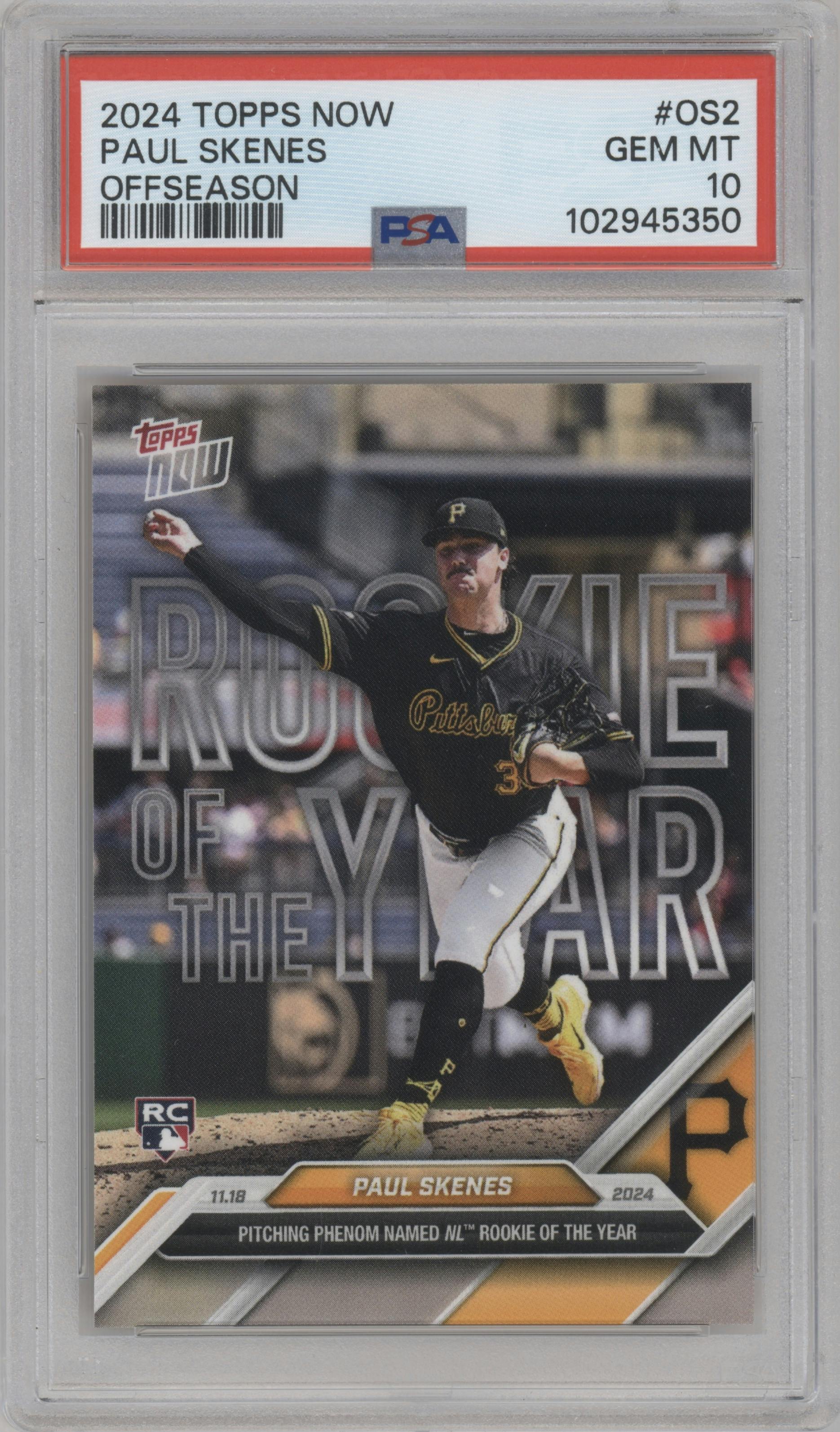 Paul Skenes from the 2024-25 Topps Now Off-Season set graded by PSA and given an overall grade of 10.