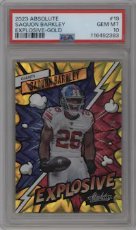 Saquon Barkley from the 2023 Panini Absolute set featuring a Gold parallel graded by PSA and given an overall grade of 10.