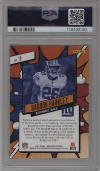Saquon Barkley from the 2023 Panini Absolute set featuring a Gold parallel graded by PSA and given an overall grade of 10.