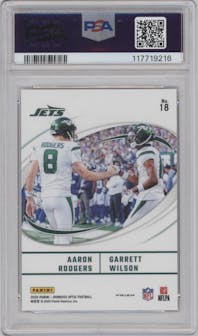 Aaron Rodgers/Garrett Wilson from the 2024 Donruss Optic set featuring a Gold Vinyl parallel graded by PSA and given an overall grade of 10.