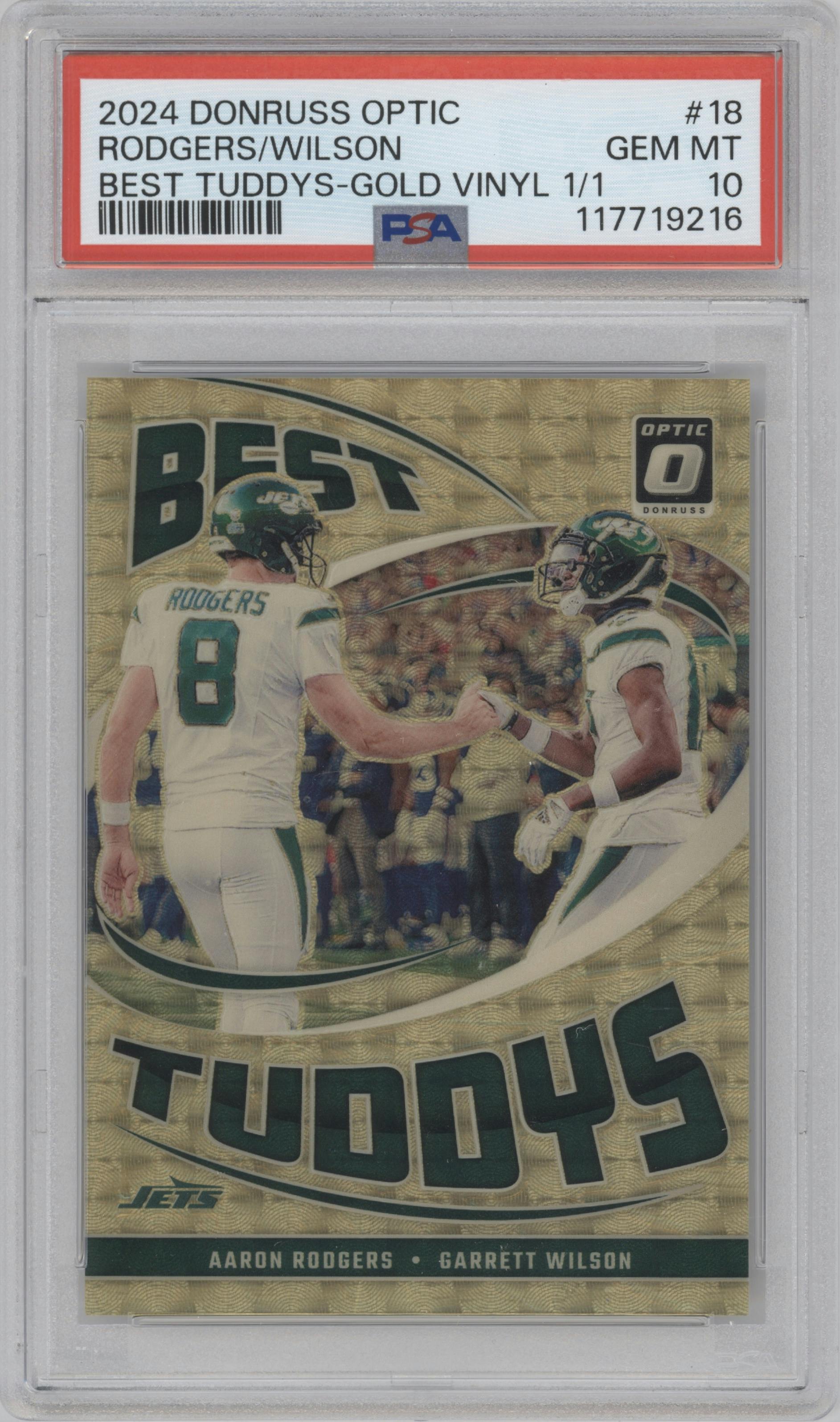 Aaron Rodgers/Garrett Wilson from the 2024 Donruss Optic set featuring a Gold Vinyl parallel graded by PSA and given an overall grade of 10.