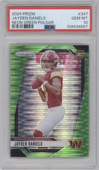Jayden Daniels from the 2024 Panini Prizm set featuring a Neon Green Pulsar  parallel graded by PSA and given an overall grade of 10.