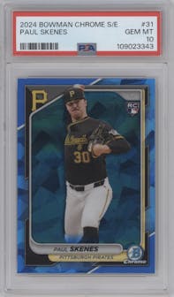 Paul Skenes from the 2024 Bowman Chrome Sapphire set graded by PSA and given an overall grade of 10.