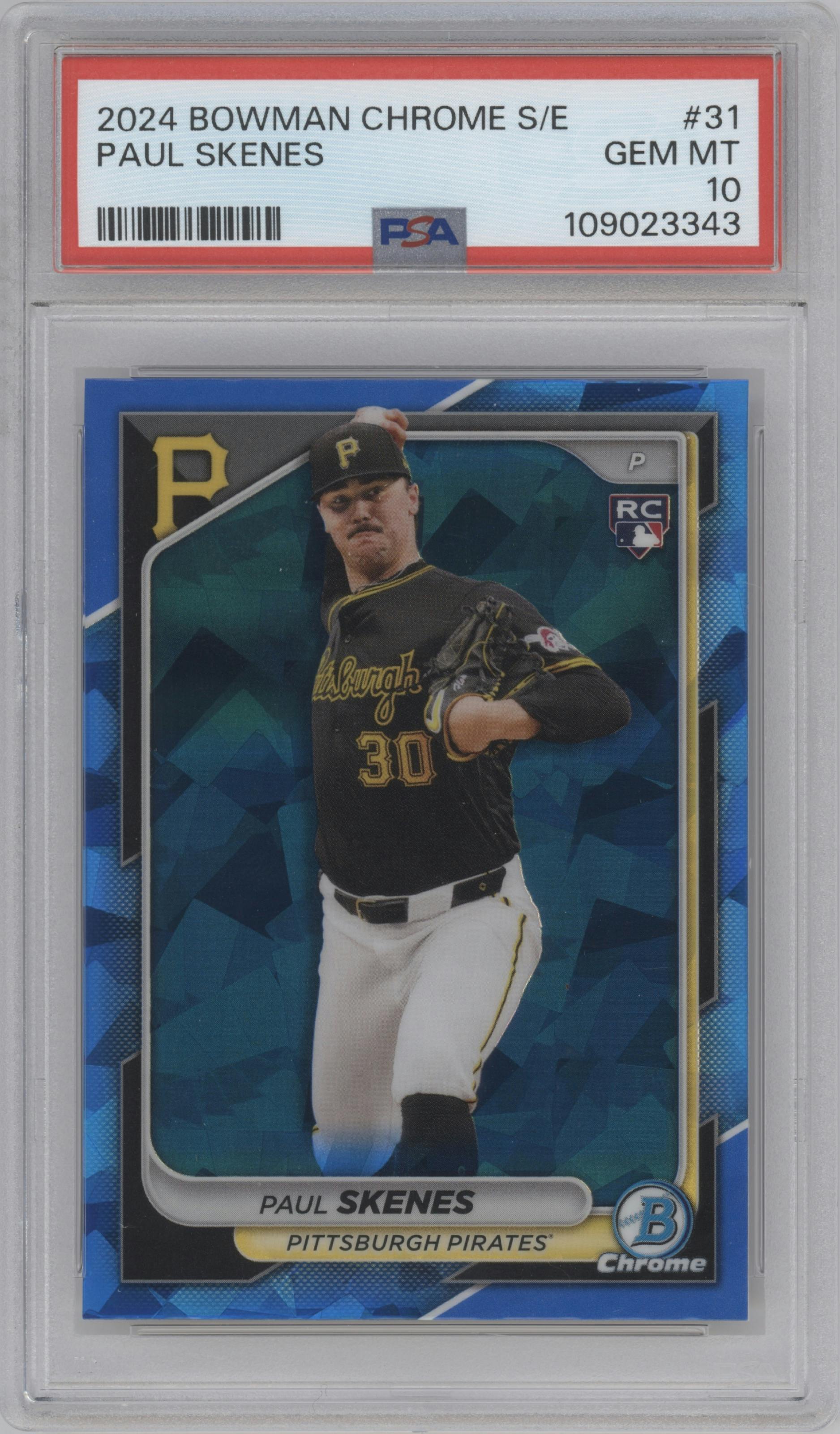 Paul Skenes from the 2024 Bowman Chrome Sapphire set graded by PSA and given an overall grade of 10.
