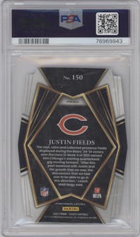 Justin Fields from the 2021 Panini Select set featuring a Die-Cut Zebra parallel graded by PSA and given an overall grade of 9.