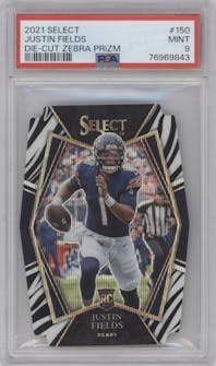 Justin Fields from the 2021 Panini Select set featuring a Die-Cut Zebra parallel graded by PSA and given an overall grade of 9.