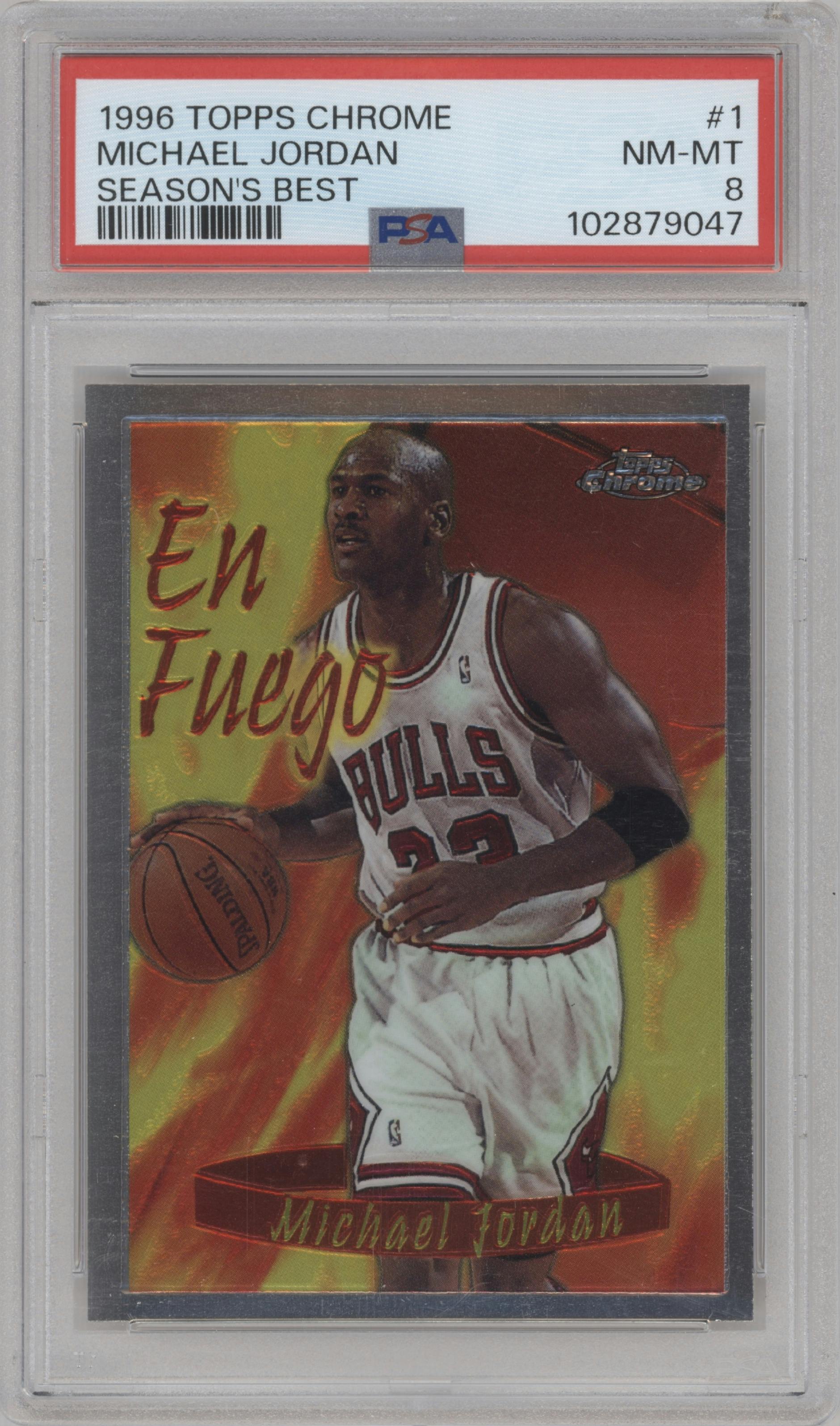 Michael Jordan from the 1996-97 Topps Chrome set graded by PSA and given an overall grade of 8.