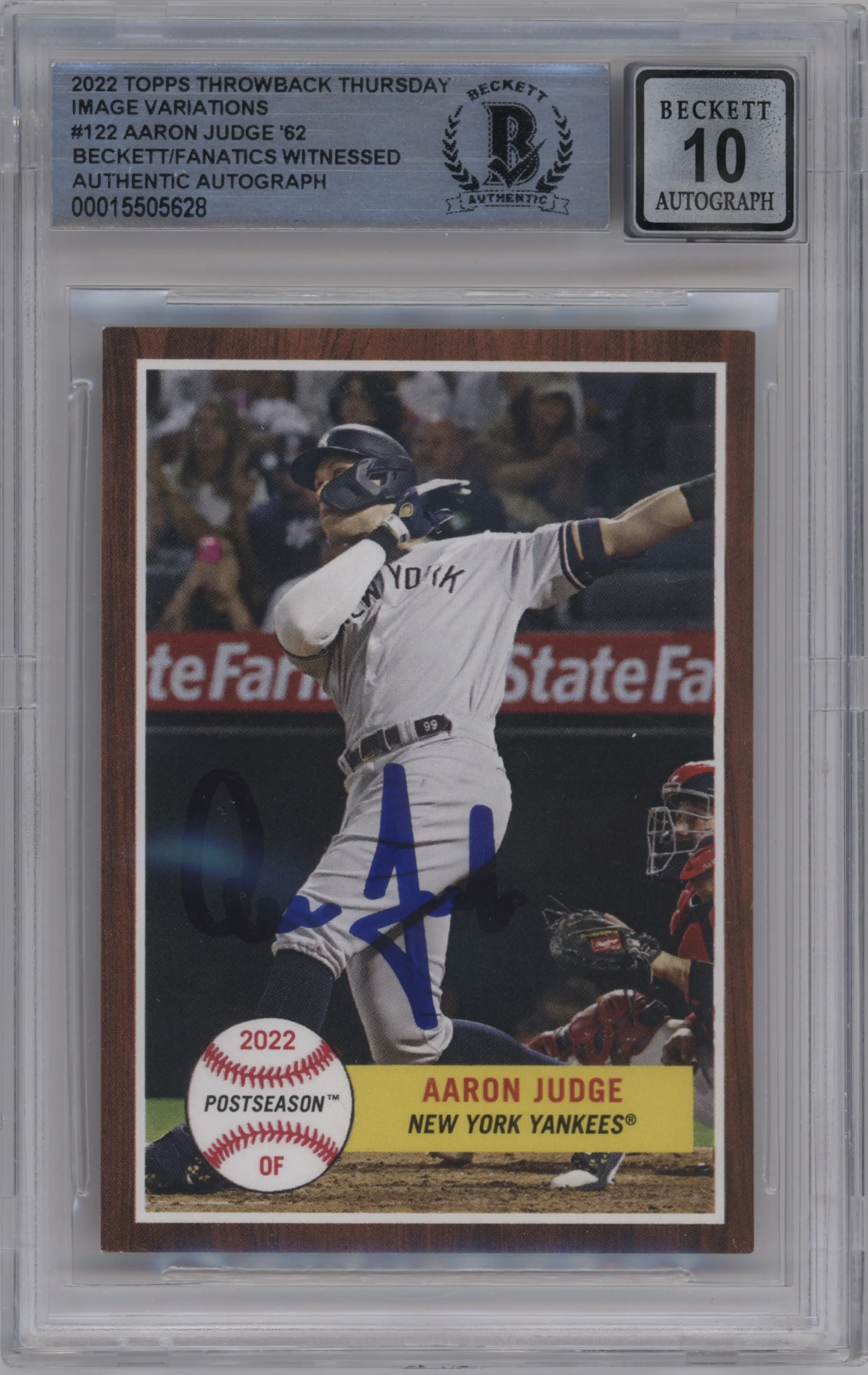Aaron Judge from the 2022 Topps Throwback Thursday  set graded by Beckett.
