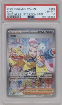 Iono from the 2023 Pokemon SV set graded by PSA and given an overall grade of 10.