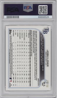 Josh Lowe from the 2022 Topps Chrome set featuring a Gold Refractor parallel graded by PSA and given an overall grade of 10.