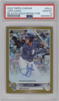 Josh Lowe from the 2022 Topps Chrome set featuring a Gold Refractor parallel graded by PSA and given an overall grade of 10.