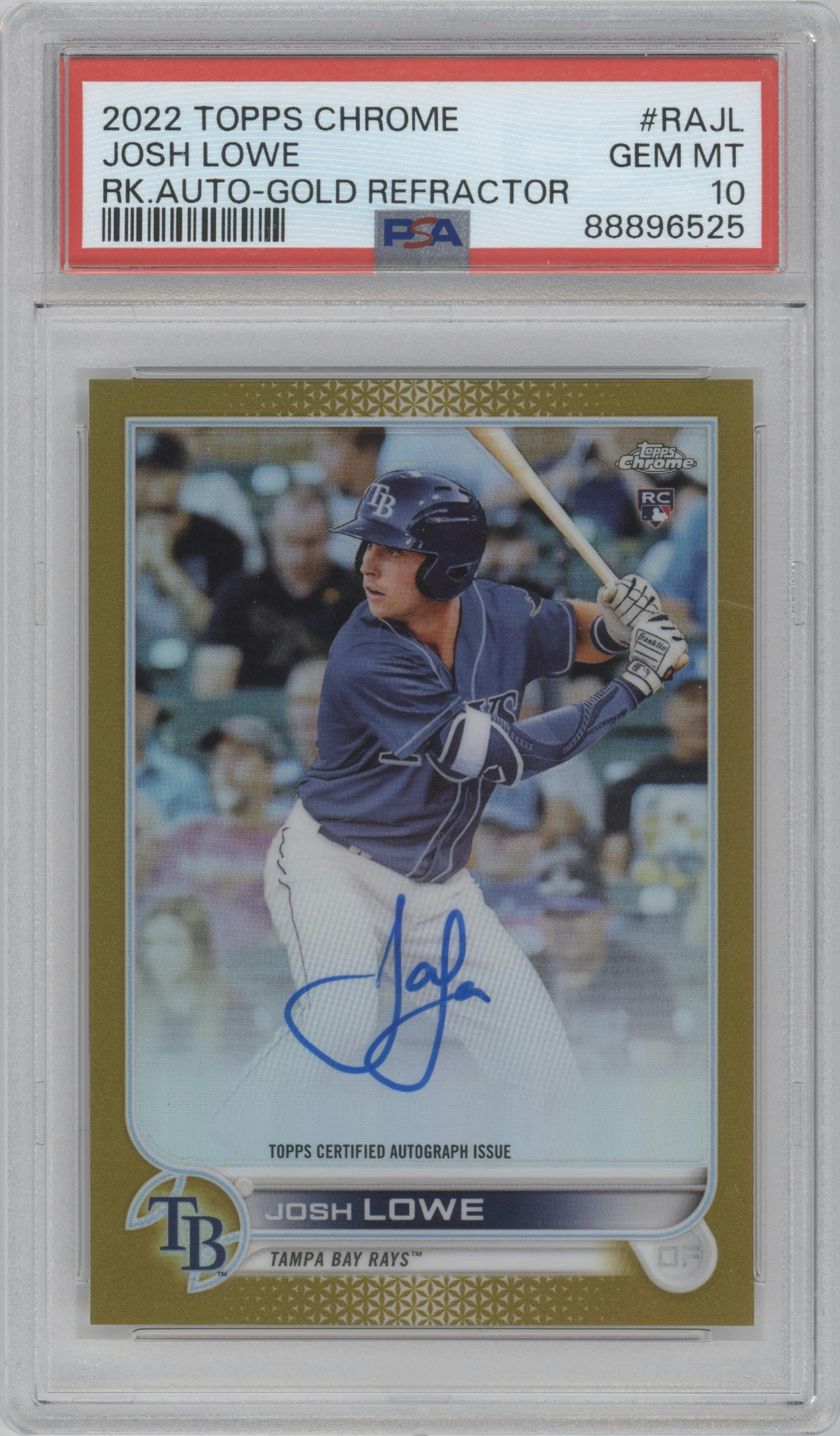 Josh Lowe from the 2022 Topps Chrome set featuring a Gold Refractor parallel graded by PSA and given an overall grade of 10.