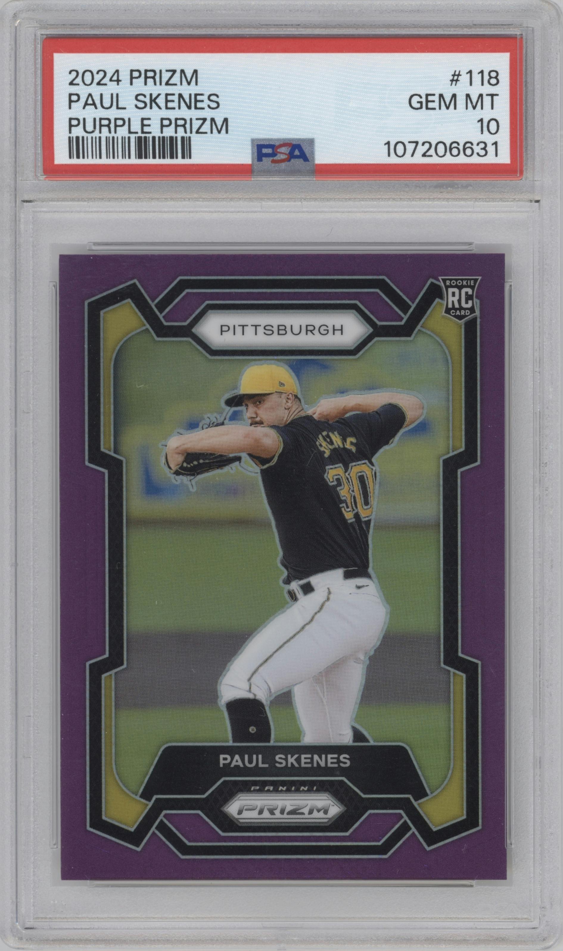 Paul Skenes from the 2024 Panini Prizm set featuring a Purple Prizm parallel graded by PSA and given an overall grade of 10.