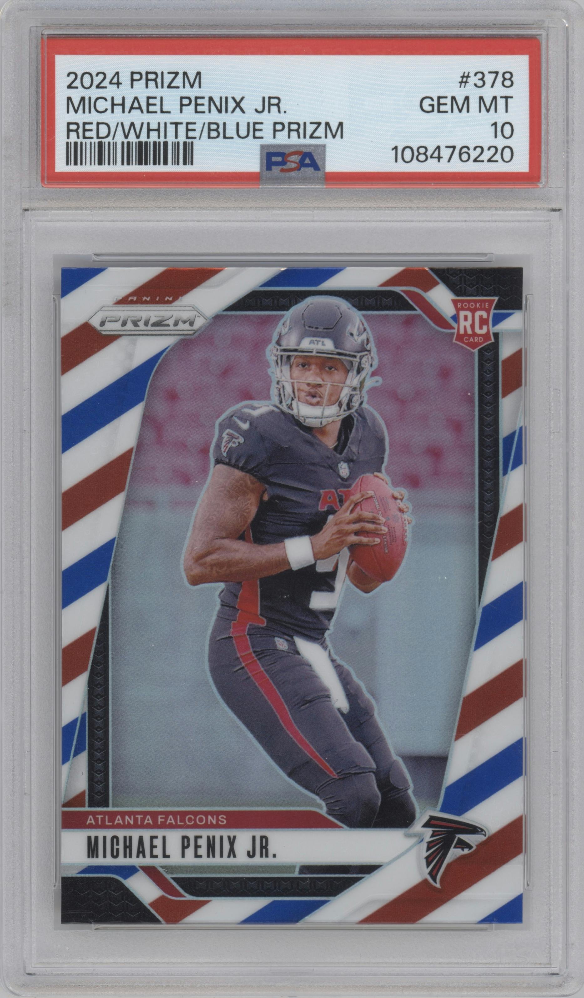 Michael Penix Jr. from the 2024 Panini Prizm set featuring a Red/White/Blue Prizm parallel graded by PSA and given an overall grade of 10.