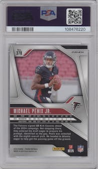 Michael Penix Jr. from the 2024 Panini Prizm set featuring a Red/White/Blue Prizm parallel graded by PSA and given an overall grade of 10.