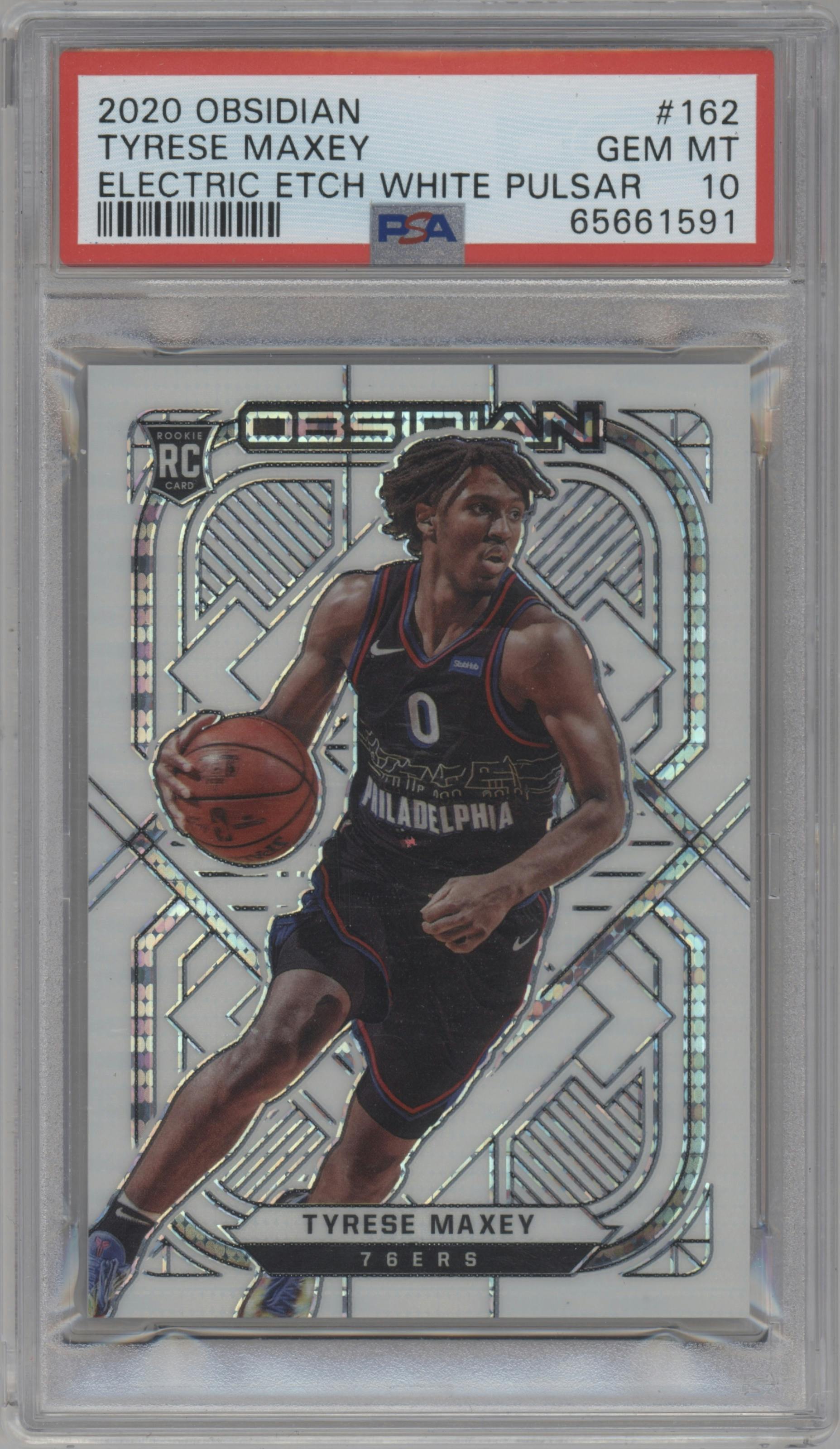 Tyrese Maxey from the 2020-21 Panini Obsidian set featuring a Electric Etch White Pulsar parallel graded by PSA and given an overall grade of 10.