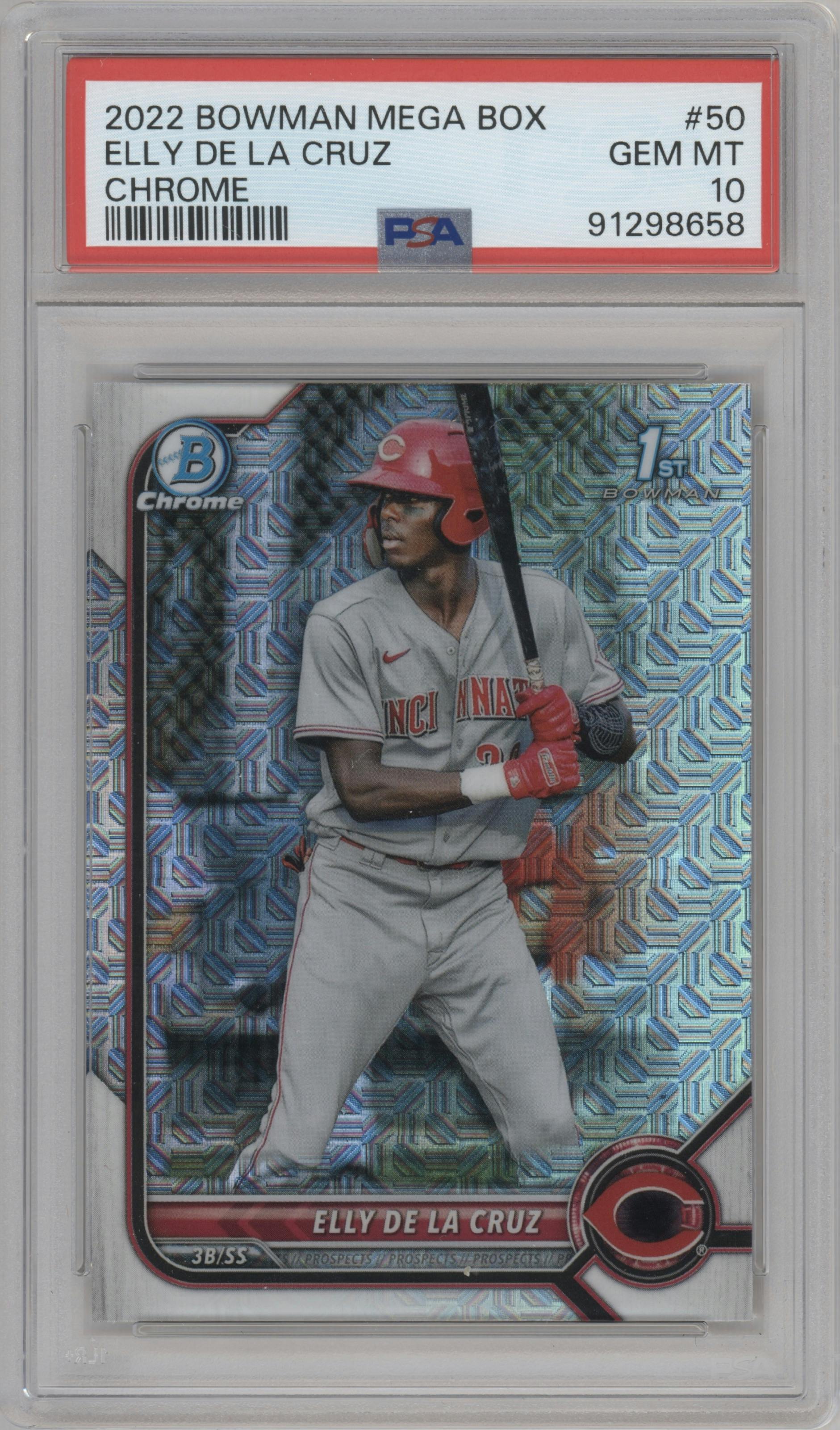 Elly De La Cruz from the 2022 Bowman Mega Box set graded by PSA and given an overall grade of 10.