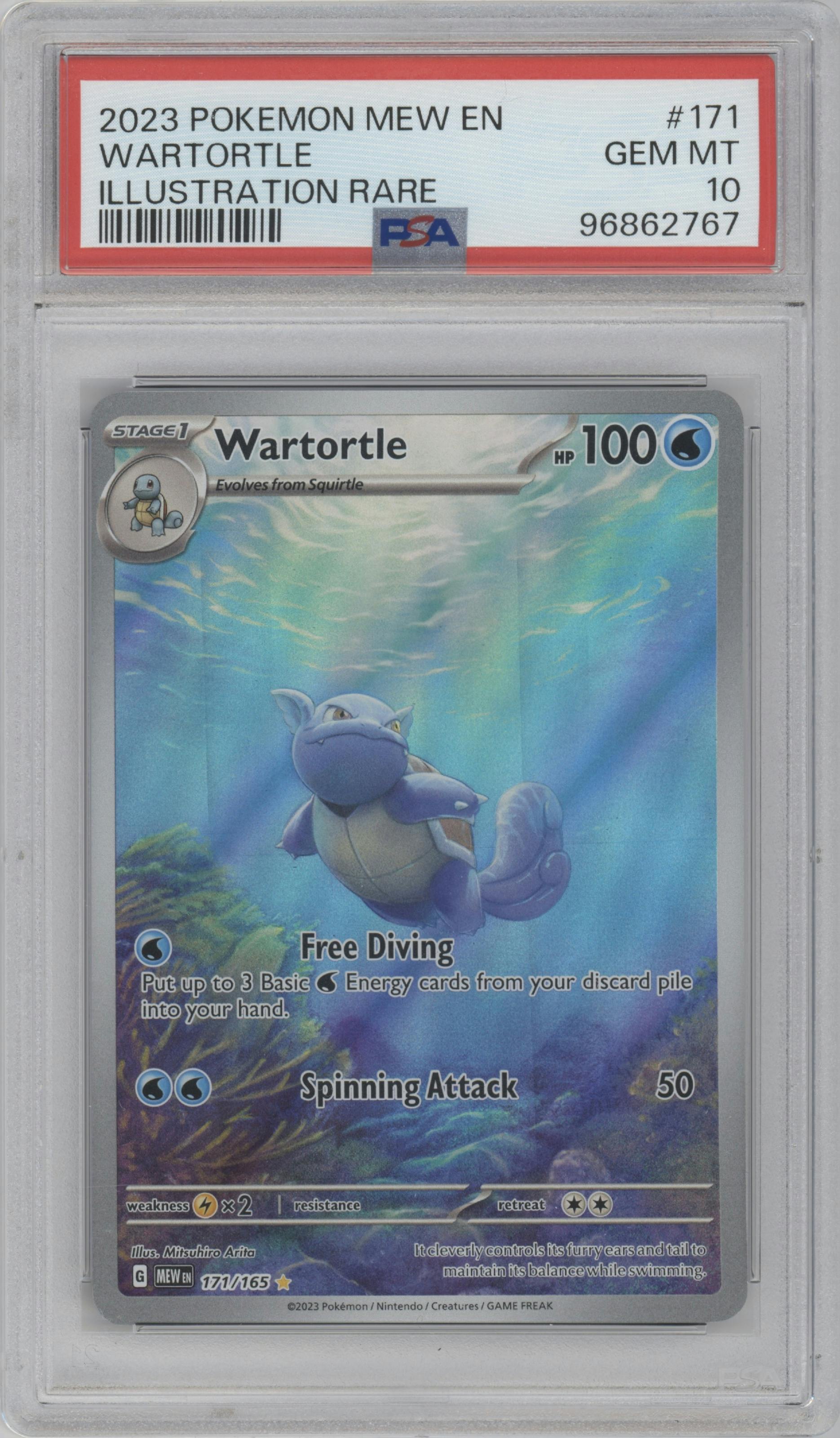 Wartortle from the 2023 Pokemon SV set graded by PSA and given an overall grade of 10.
