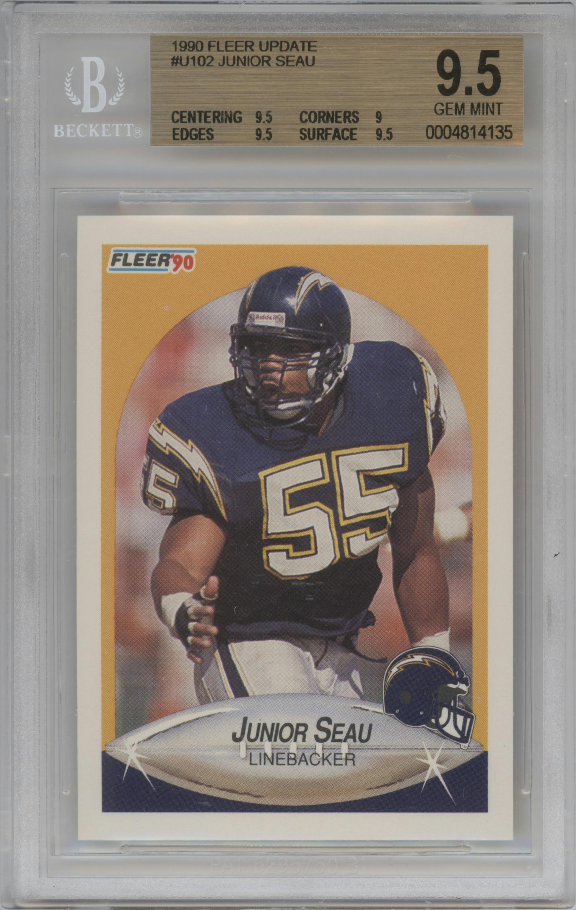 Junior Seau from the 1990 Fleer Update set graded by Beckett and given an overall grade of 9.5.