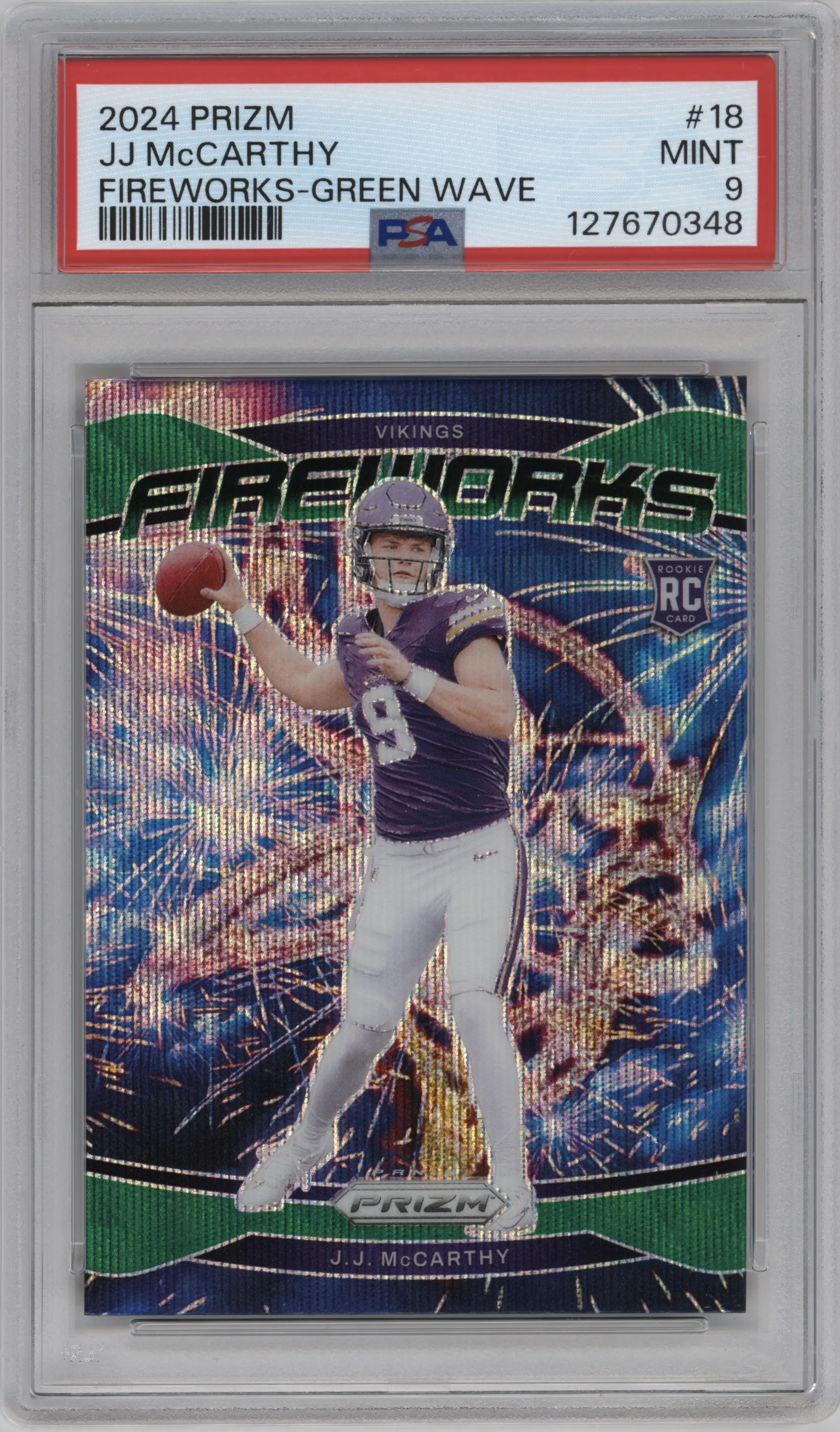 2024 Panini Prizm Fireworks J.J. McCarthy Green Wave #18 PSA 9