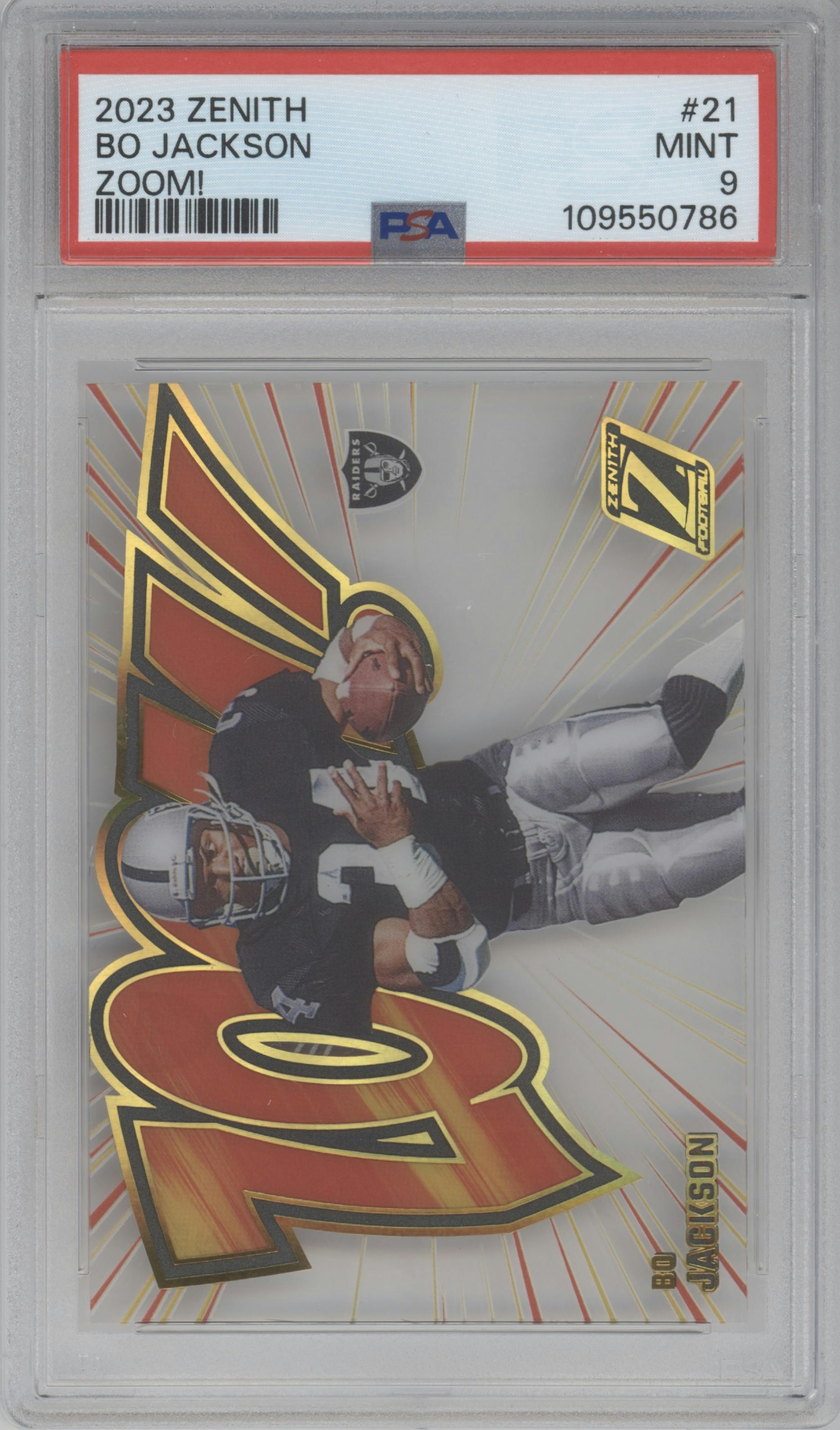 Bo Jackson from the 2023 Panini Zenith set graded by PSA and given an overall grade of 9.