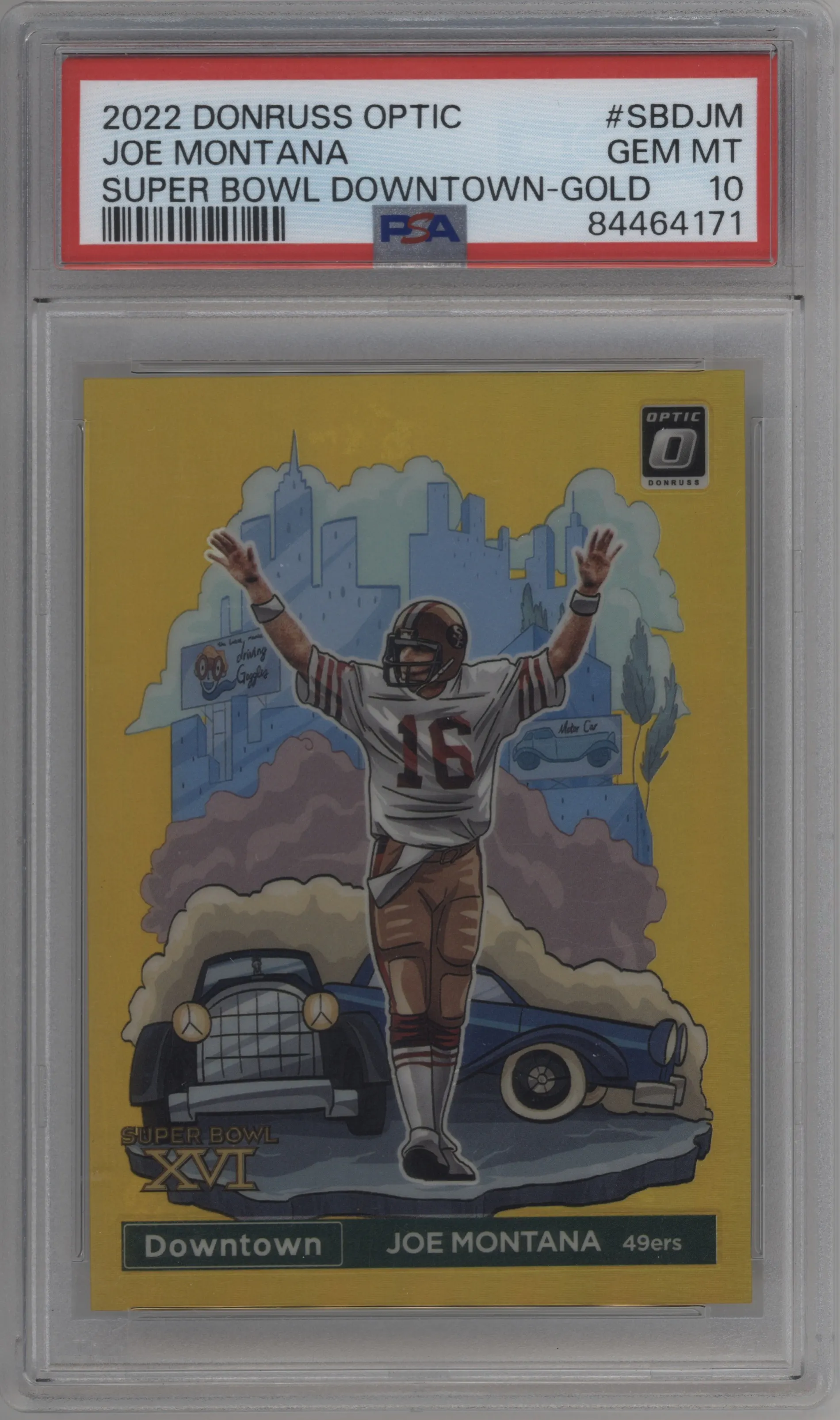 2022 Panini Donruss Optic Super Bowl Downtown Joe Montana Gold #SBD-JM PSA 10