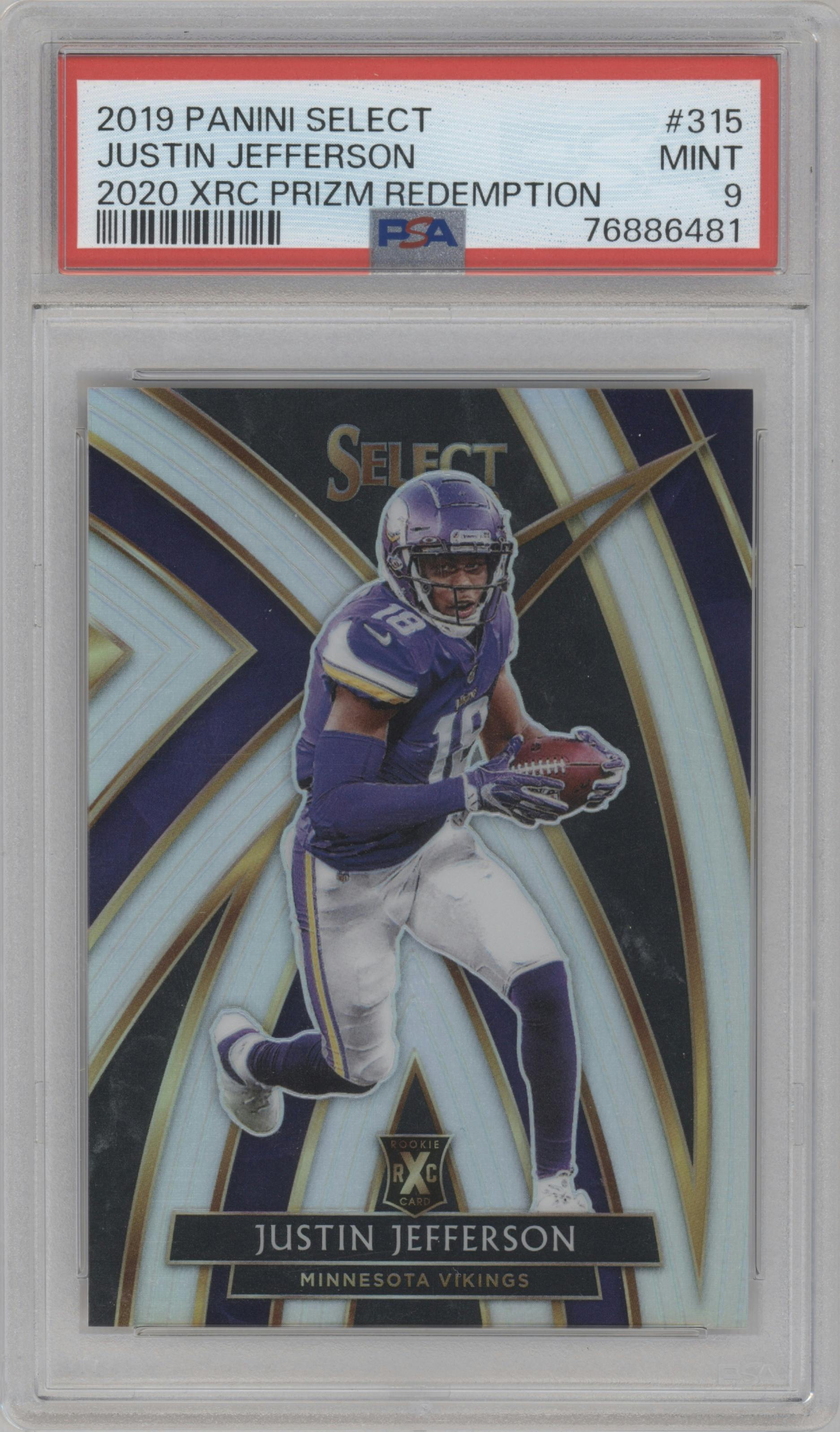 Justin Jefferson from the 2019 Panini Select  set graded by PSA and given an overall grade of 9.