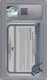 Tamar Bates from the 2021-22 Bowman University set featuring a Green Lava Refractor parallel graded by CSG and given an overall grade of 9.