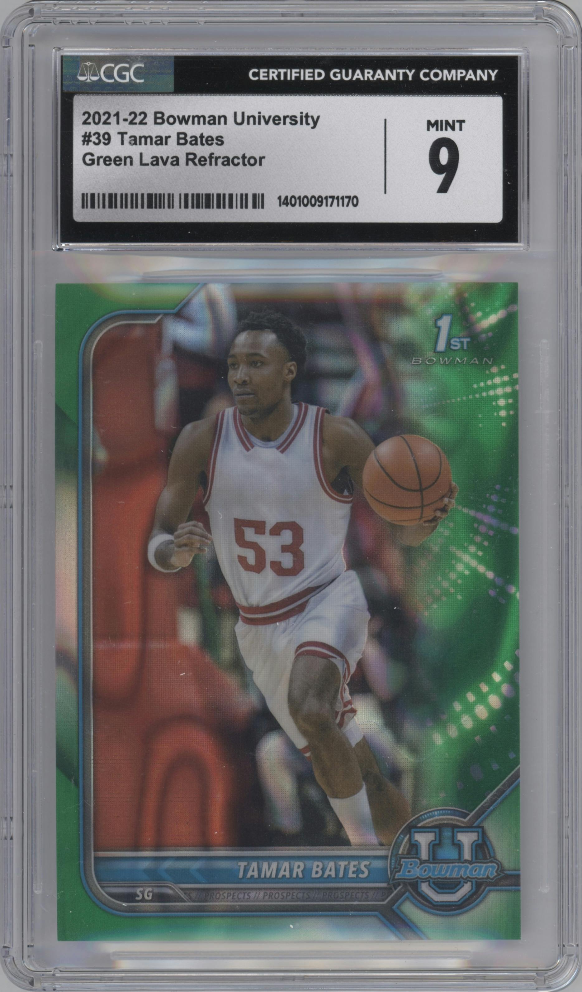 Tamar Bates from the 2021-22 Bowman University set featuring a Green Lava Refractor parallel graded by CSG and given an overall grade of 9.