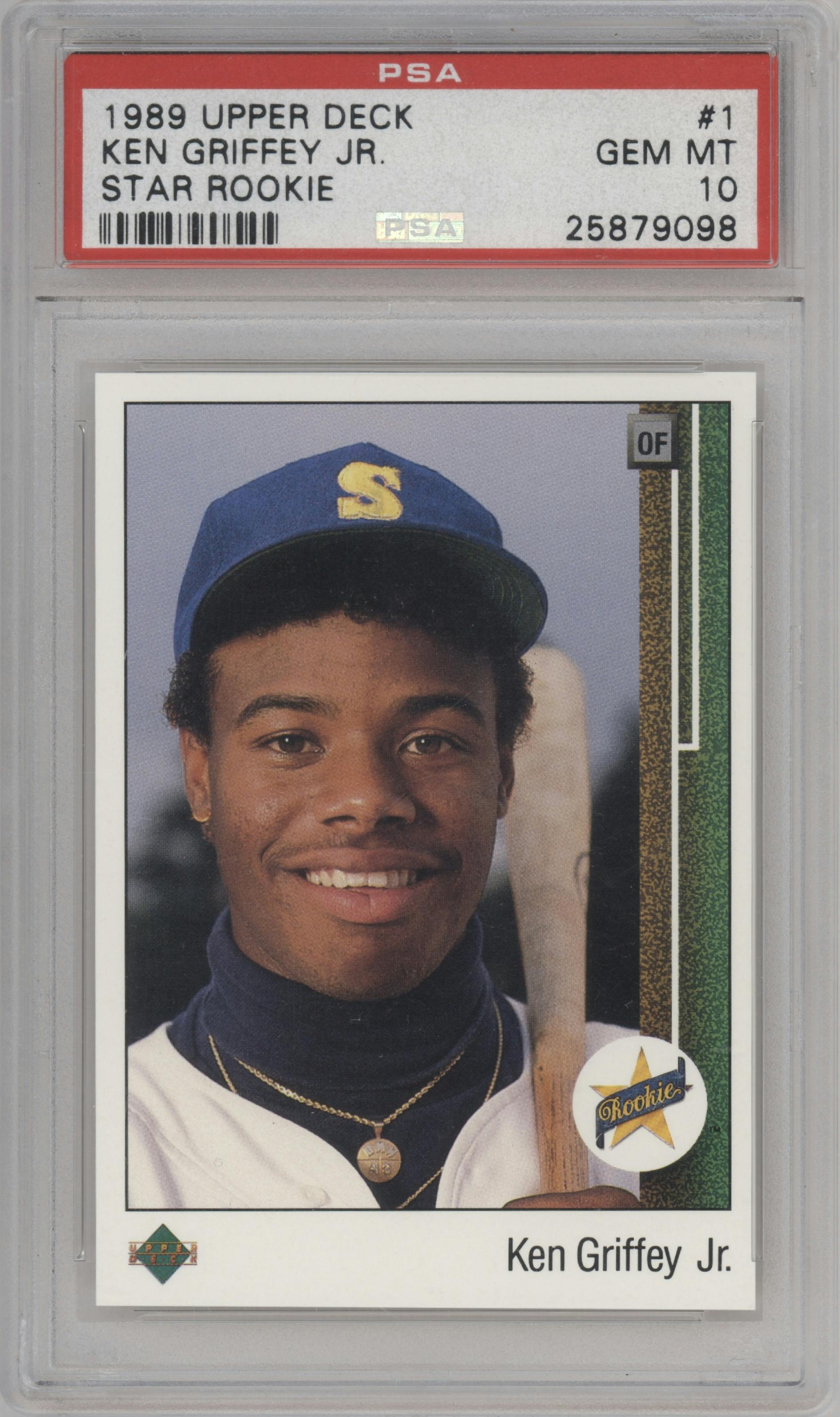 Ken Griffey Jr. from the 1989 Upper Deck set graded by PSA and given an overall grade of 10.
