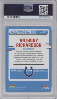 Anthony Richardson from the 2023 Donruss Optic set featuring a Rocket parallel graded by PSA and given an overall grade of 10.
