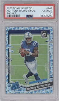 Anthony Richardson from the 2023 Donruss Optic set featuring a Rocket parallel graded by PSA and given an overall grade of 10.
