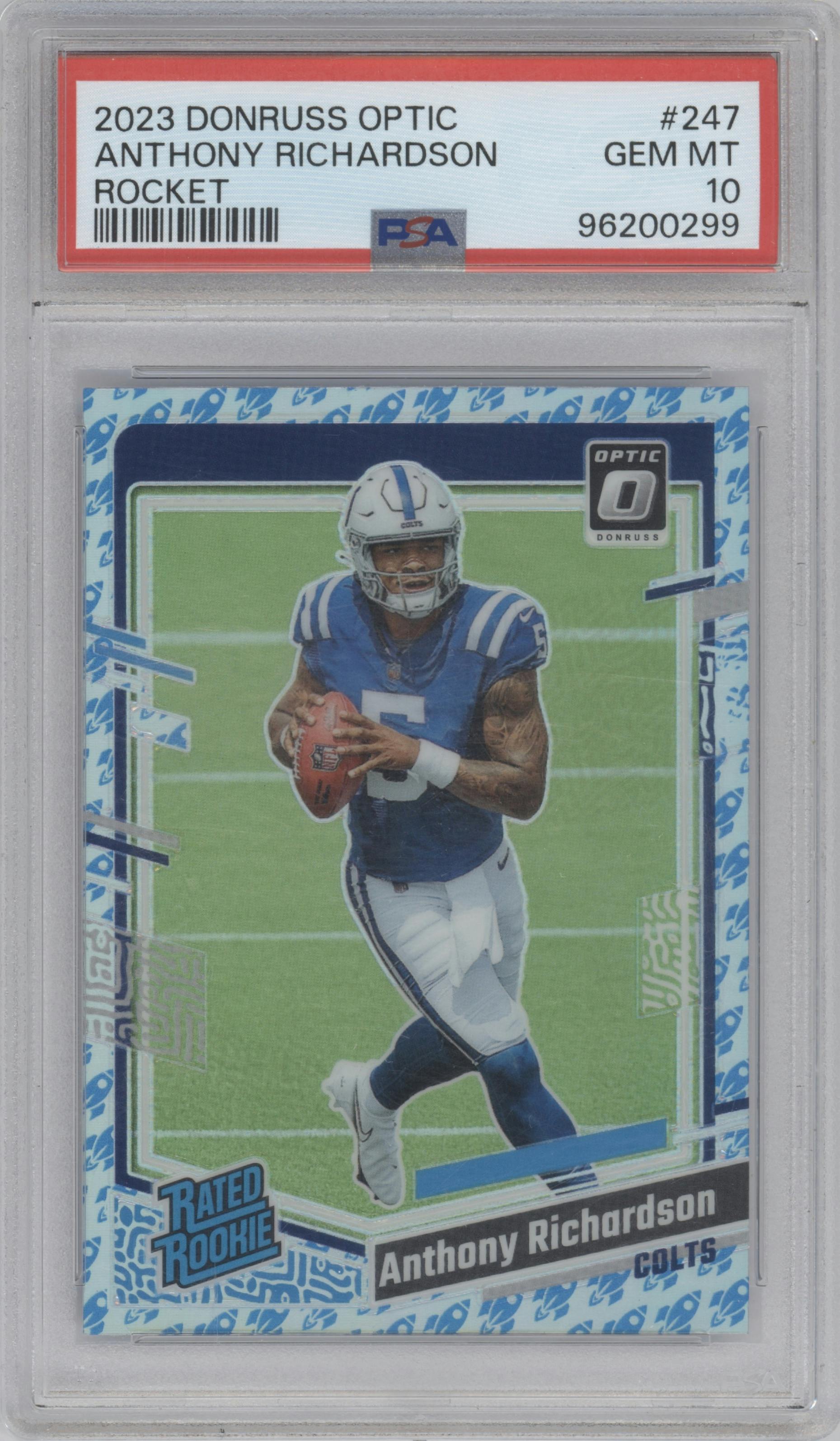 Anthony Richardson from the 2023 Donruss Optic set featuring a Rocket parallel graded by PSA and given an overall grade of 10.