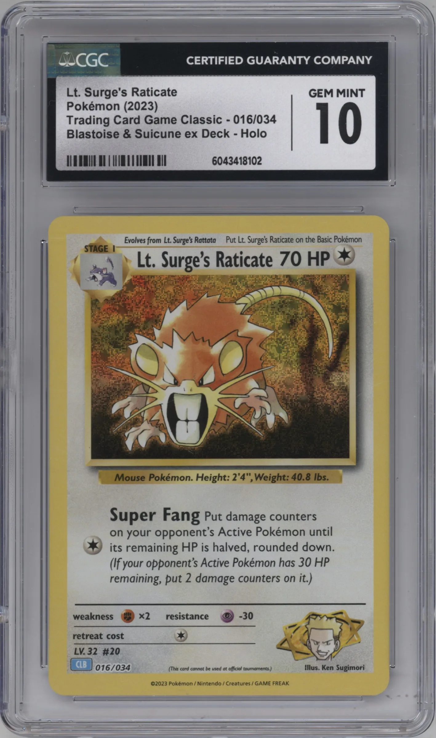 2023 Pokemon CLB Lt. Surge's Raticate CGC 10
