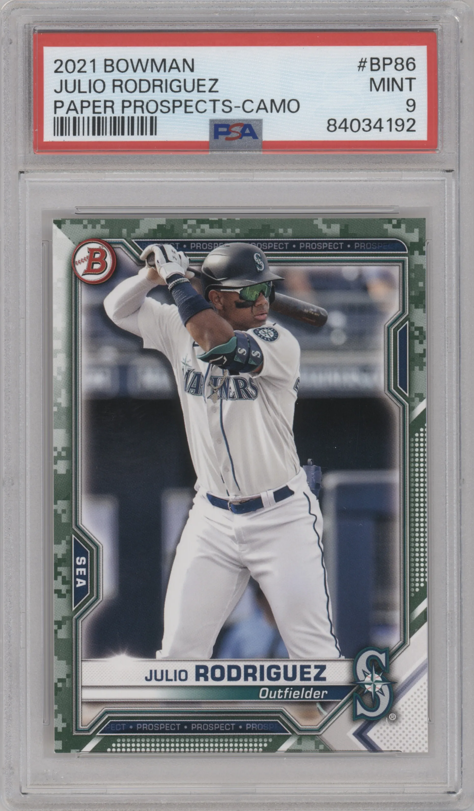2021 Bowman Prospect Julio Rodriguez Border Camo PSA 9