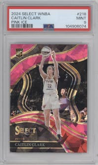 Caitlin Clark from the 2024 Panini Select WNBA set featuring a Pink Ice parallel graded by PSA and given an overall grade of 9.
