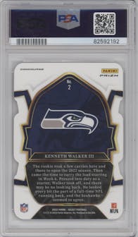 Kenneth Walker III from the 2022 Panini Select set featuring a Die-Cut Silver parallel graded by PSA and given an overall grade of 9.