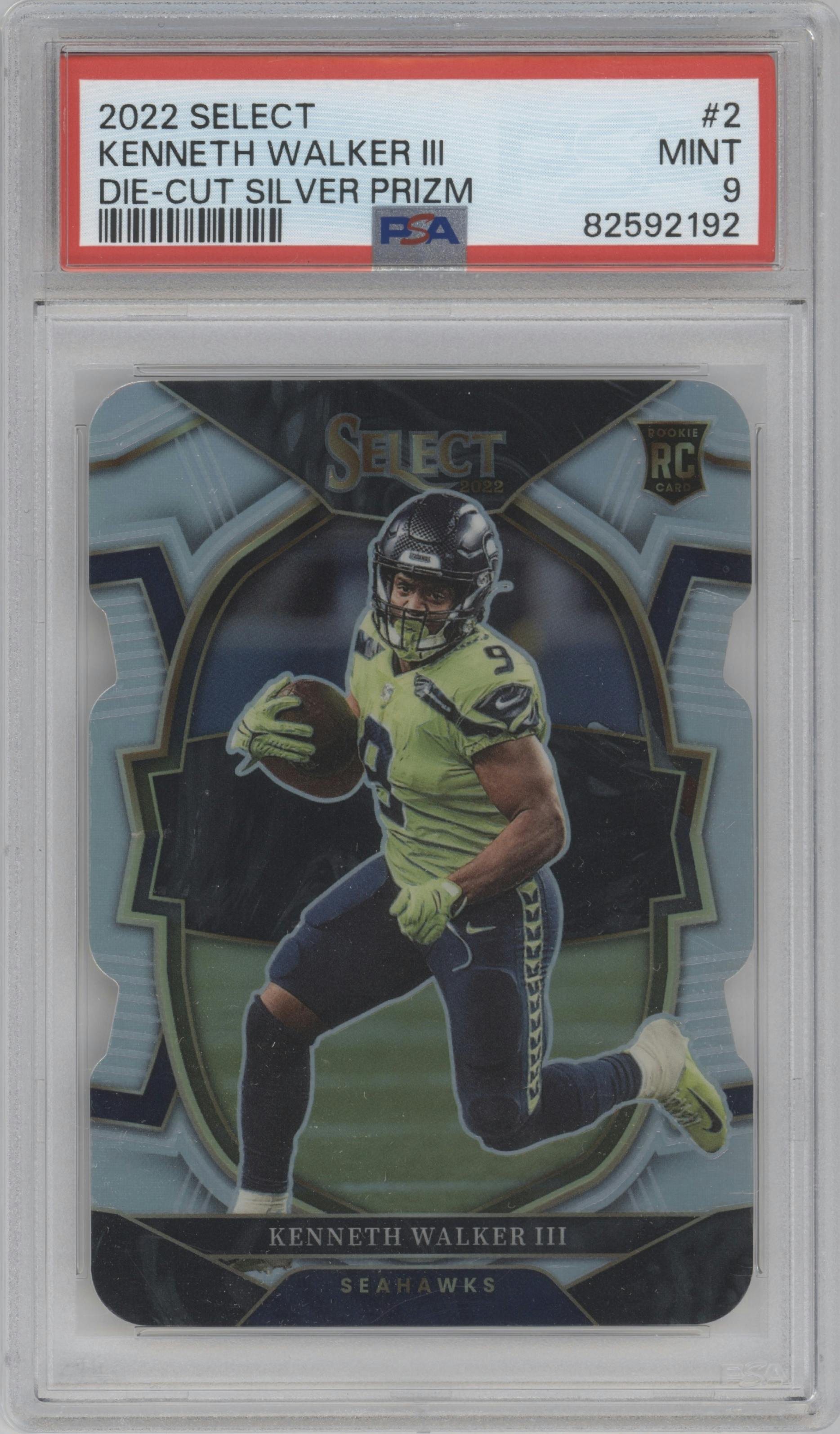 Kenneth Walker III from the 2022 Panini Select set featuring a Die-Cut Silver parallel graded by PSA and given an overall grade of 9.